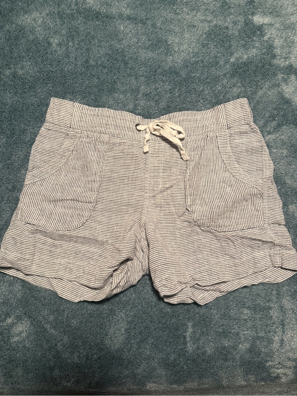 Athleta 100% Linen Shorts Striped Drawstring Size 4 Coastal Natural Fiber Beach